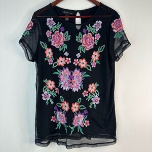 Inc International Concepts Black Floral Embroidered Mesh T-shirt Womens XL Nylon
